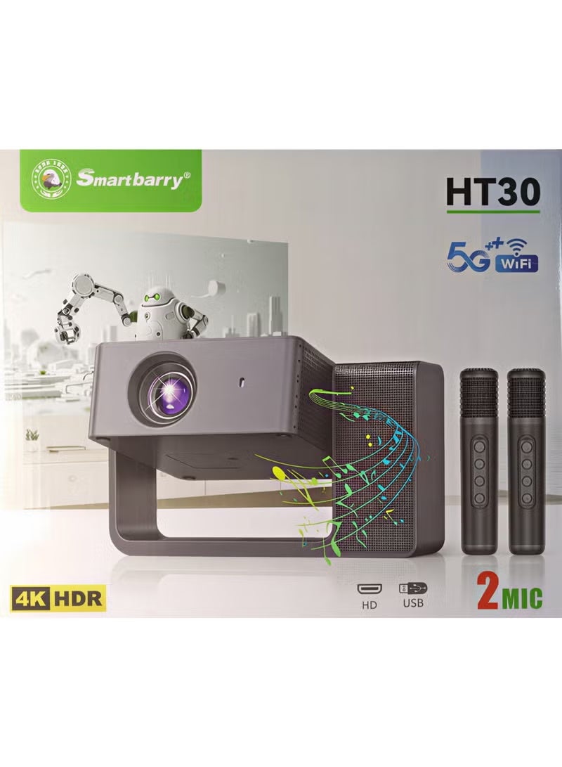 Smartbarry بروجيكتور HT30 الترفيهي المنزلي 4K HDR مع نظام كاريوكي لاسلكي مزدوج، شاشة LED ذكية، مكبرات صوت قوية، بلوتوث، HDMI، USB للأفلام، الألعاب والحفلات - Image 1